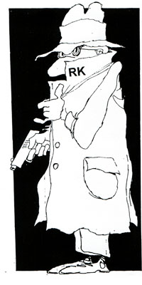 Schwarz-weiße Karikatur eines vermummten Mannes mit Hut und langem Mantel, der eine Pistole in der Hand hält; auf seinem hochgezogenen Kragen stehen die Buchstaben „RK“.