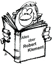 Schwarz-weiße Karikatur einer lächelnden Person, die ein großes aufgeschlagenes Buch mit dem Titel „Alles über Robert Klement“ vor sich hält.